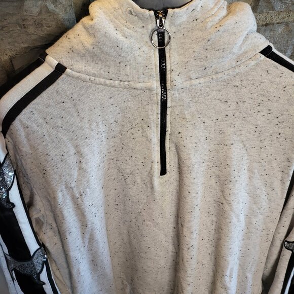 Victoria Secret Pink Bling Sequin Logo Dog Hooded Pullover 1/4 Zip Gray Black LG - Picture 5 of 12